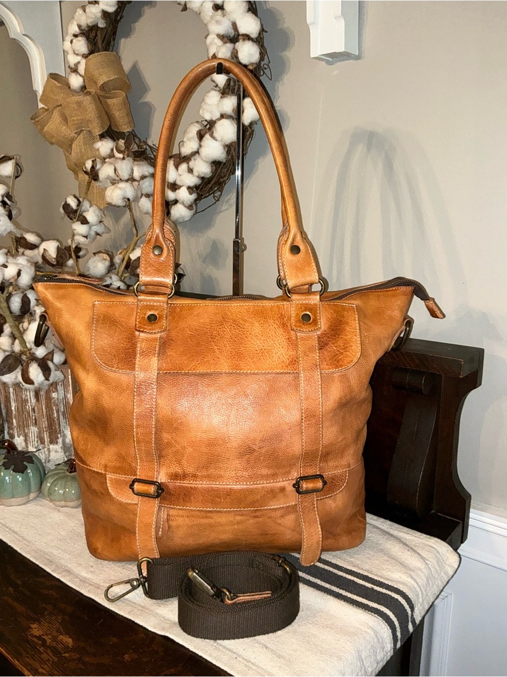 Bed Stu Leather Big Fork Crossbody Tote Shoulder Bag Tan Rustic MSRP $365